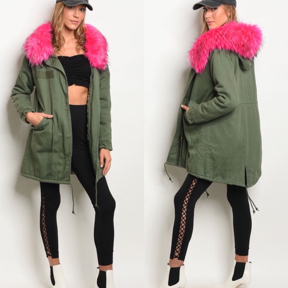 Jackets & Blazers - Olive Fuchsia Military Statement Jacket Faux Fur